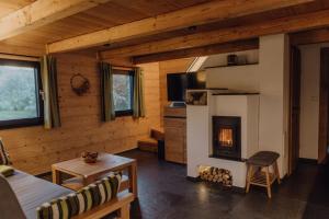 a living room with a fireplace in a log cabin at Chalet im Obstgarten in Lengau