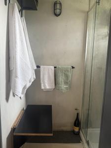 a bathroom with towels hanging on a rack at The Grasshouse Cabins in Burrawang