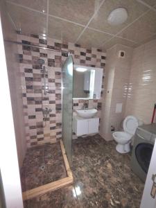 a bathroom with a shower and a toilet and a sink at Mountain View Apartment in Sofia +2 photos