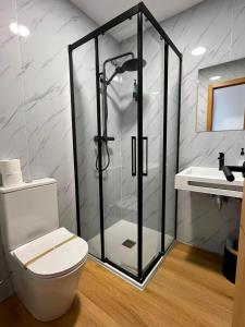 a bathroom with a shower and a toilet and a sink at Dos Romeiros in Palas de Rei +22 photos