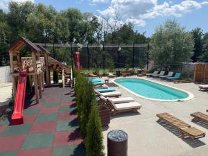 a pool with a slide and chairs and a playground at Conacul Voievozilor in Romînii de Jos
