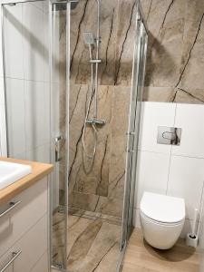 a shower with a glass door in a bathroom at Kaszmirowy Apartament in Wałcz