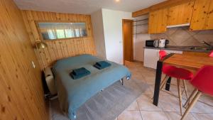 a small room with a table and a kitchen at Petit studio à Lourtier in Lourtier