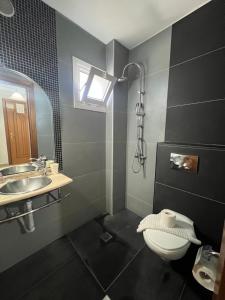 a bathroom with a sink and a toilet and a mirror at Hotel Platon in Nei Poroi +59 photos