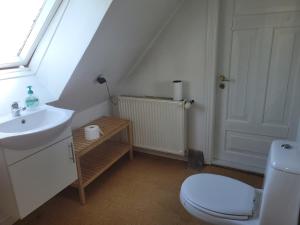 a bathroom with a sink and a toilet and a window at Lejbølle gamle Bageri værelse 2 in Bøstrup