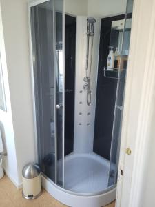 a shower with a glass door in a bathroom at Lejbølle gamle Bageri værelse 2 in Bøstrup