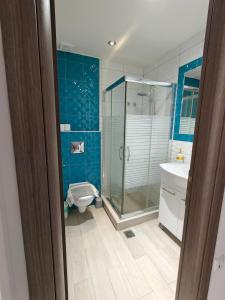 a bathroom with a shower and a toilet and a sink at Апартаменты Елена in Nea Peramos +18 photos