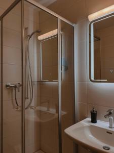 a bathroom with a shower and a sink at Le Refuge Hotel Restaurant in Ayer +65 photos