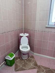 a pink bathroom with a toilet and a trash can at Ayara home in Kyzart
