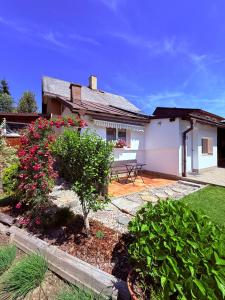 a house with a garden with flowers in front of it at u Vlastika in Jeseník