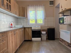a kitchen with wooden cabinets and a stove top oven at Betti in Balatonkeresztúr