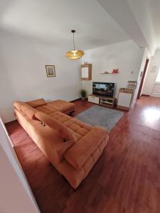 a living room with a brown couch and a television at Eiras AL Ilha da Madeira in Santa Cruz
