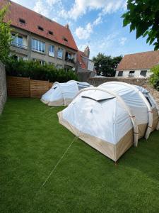 three tents sitting on a lawn in a yard at Glamping - accès JACUZZI et SAUNA in Boulogne-sur-Mer