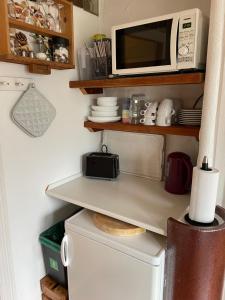 a microwave oven sitting on top of a refrigerator at Farmer Annekset Ravning in Bredsten