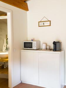 a microwave sitting on top of a cabinet in a kitchen at Casinha do Orjal in Ponte de Lima