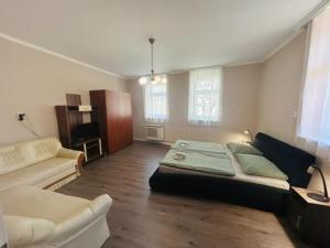 a large bedroom with a bed and a couch at Csuszka vendégház in Tiszafüred