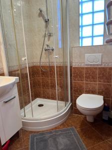 a bathroom with a shower and a toilet and a sink at Wajolet-pokoje z łazienkami in Władysławowo +45 photos