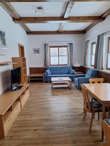 a living room with a blue couch and a tv at Appartement Urlaub Exklusiv in Lackenhof