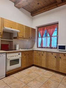 a large kitchen with wooden cabinets and a window at Appartement Urlaub Exklusiv in Lackenhof