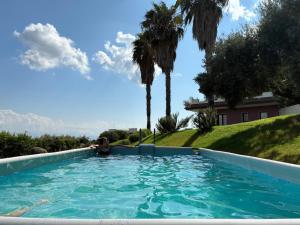 a swimming pool with palm trees and a house at Villa Cocomerara Tas24 in Calimera