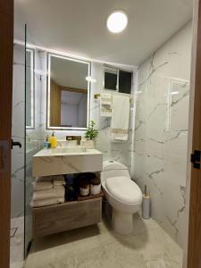 ein Badezimmer mit Toilette, Waschbecken und Spiegel in der Unterkunft Confort155 in Ibagué