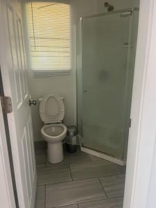 a bathroom with a toilet and a glass shower at 3 bedroom 2 bathroom garden suite in Victoria