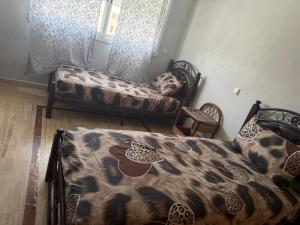 a bedroom with a bed and a dog laying on a chair at Blu capri in Dar Bouazza