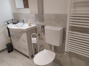 a bathroom with a white toilet and a sink at Casa Doris in Montabone +13 photos