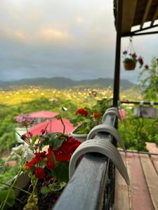 a bench with flowers on a balcony with a view at კოტეჯი in Ts'ikhisdziri