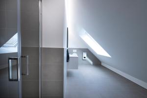 a bathroom with a walk in shower and a skylight at Alleenstraße 66 in Wendlingen am Neckar +16 photos