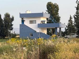 a building on top of a field with flowers at Beit Philodemus 2 - IRIS in Um Qeis +9 photos