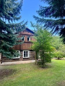 a log house with a tree in the yard at Ubytování v Roubence in Modřišice
