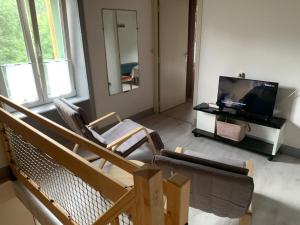 a living room with two chairs and a television at Chambres d'Hôtes LES VERGERS DE LOUISE in Thiolières