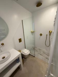 a bathroom with a shower and a toilet and a sink at Rea's Luxury Suite Gialova in Gialova