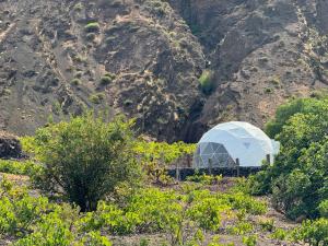 a greenhouse in a field next to a mountain at Sodade Eco Camp in Portela +2 photos