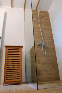 a shower in a room with a glass door at RanyA-Frame in Nucşoara