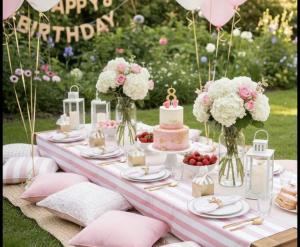 a table with a birthday cake and flowers on it at Golden Hour in Cockburn Harbour