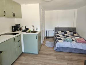 a kitchen with a bed and a sink in a room at Zakątek przy Wydmie in Dziwnów