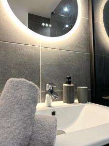 a bathroom with a sink and a mirror at Bricks Pérignon - Tram, lit Queen size & air fryer in Chenôve +13 photos