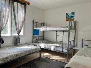 two bunk beds in a room with a window at Gedeon Garden in Budakalász