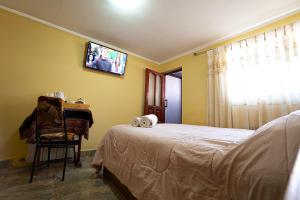 a bedroom with a bed and a tv on the wall at Hostal Terra Sal - Bed, Breakfast, Garage & Salar de Uyuni Tours in Uyuni