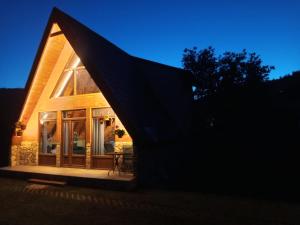 a house with a gambrel roof at night at Cabana AFrame EmAli in Poiana Teiului