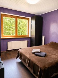 a bedroom with a large bed with purple walls at Flower 18 in Jūrmala