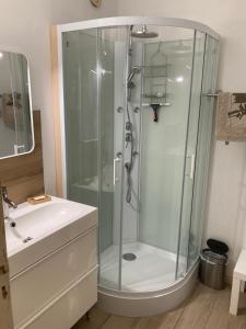 a bathroom with a glass shower and a sink at Orrianes 1650 in Les Orres +9 photos
