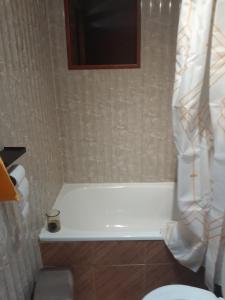 a bathroom with a white tub and a toilet at Isidora in Puerto Aisén