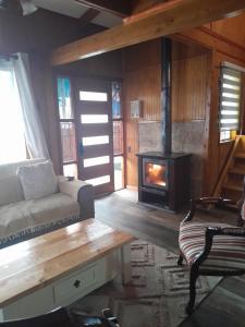 a living room with a couch and a fireplace at Isidora in Puerto Aisén