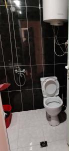 a bathroom with a toilet and a black tiled wall at Tamari in Ureki +4 photos