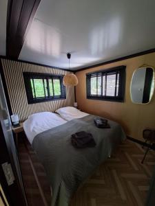 a bedroom with a bed and a tv and windows at 'De Schuif' in Berlicum