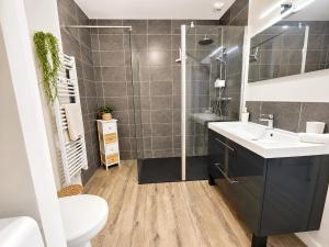 a bathroom with a sink and a toilet and a shower at Appartement cosy Beaupréau centre in Beaupréau