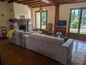 a living room with a couch and a fireplace at Le Petiou Landais in Soustons